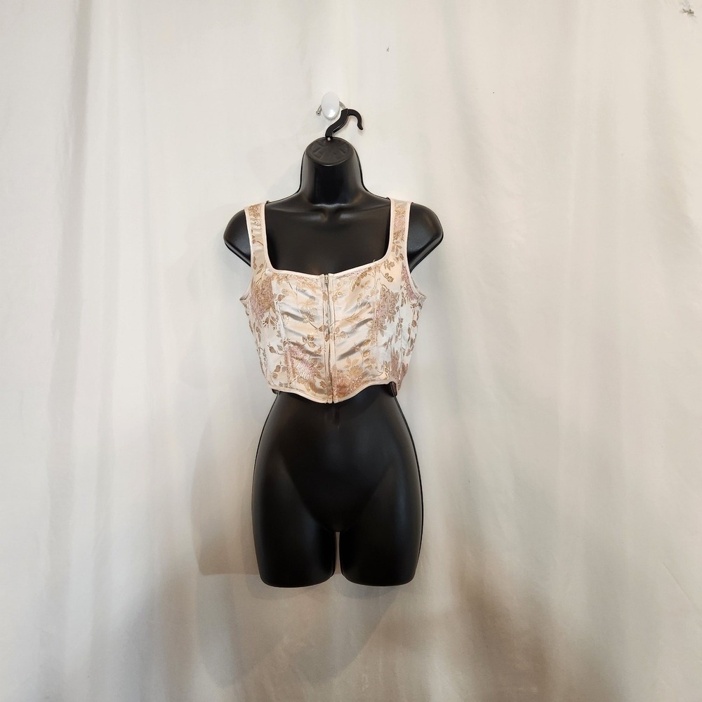 PRETTYLITTLETHING Pink‎ Satin Jacquard Corset Crop Top Coquette Womens 4 FLAWED